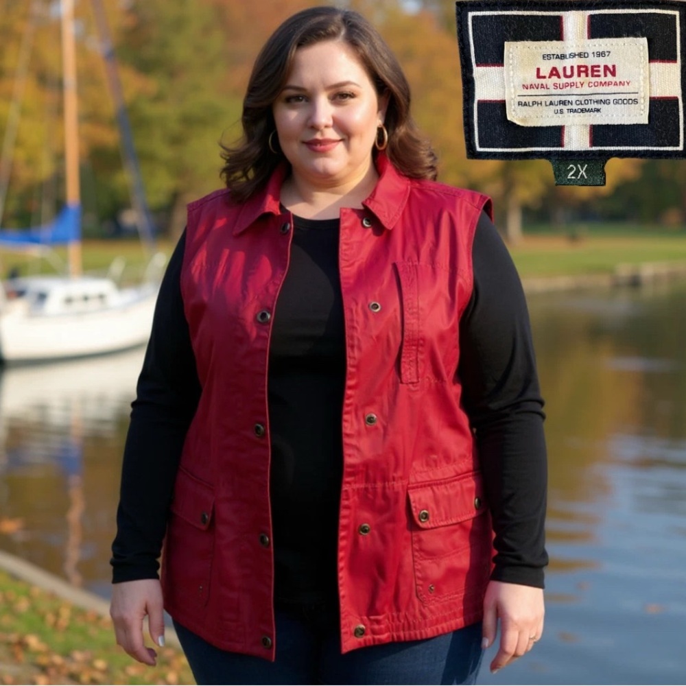 LAUREN Ralph Lauren Naval Supply Co. Red Waxed Utility Vest 2X Pockets Cotton